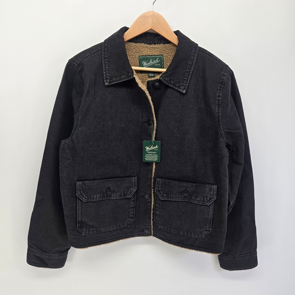 Woolrich Denim Jacket Womens Large Black Sherpa Lined Green Label Collection